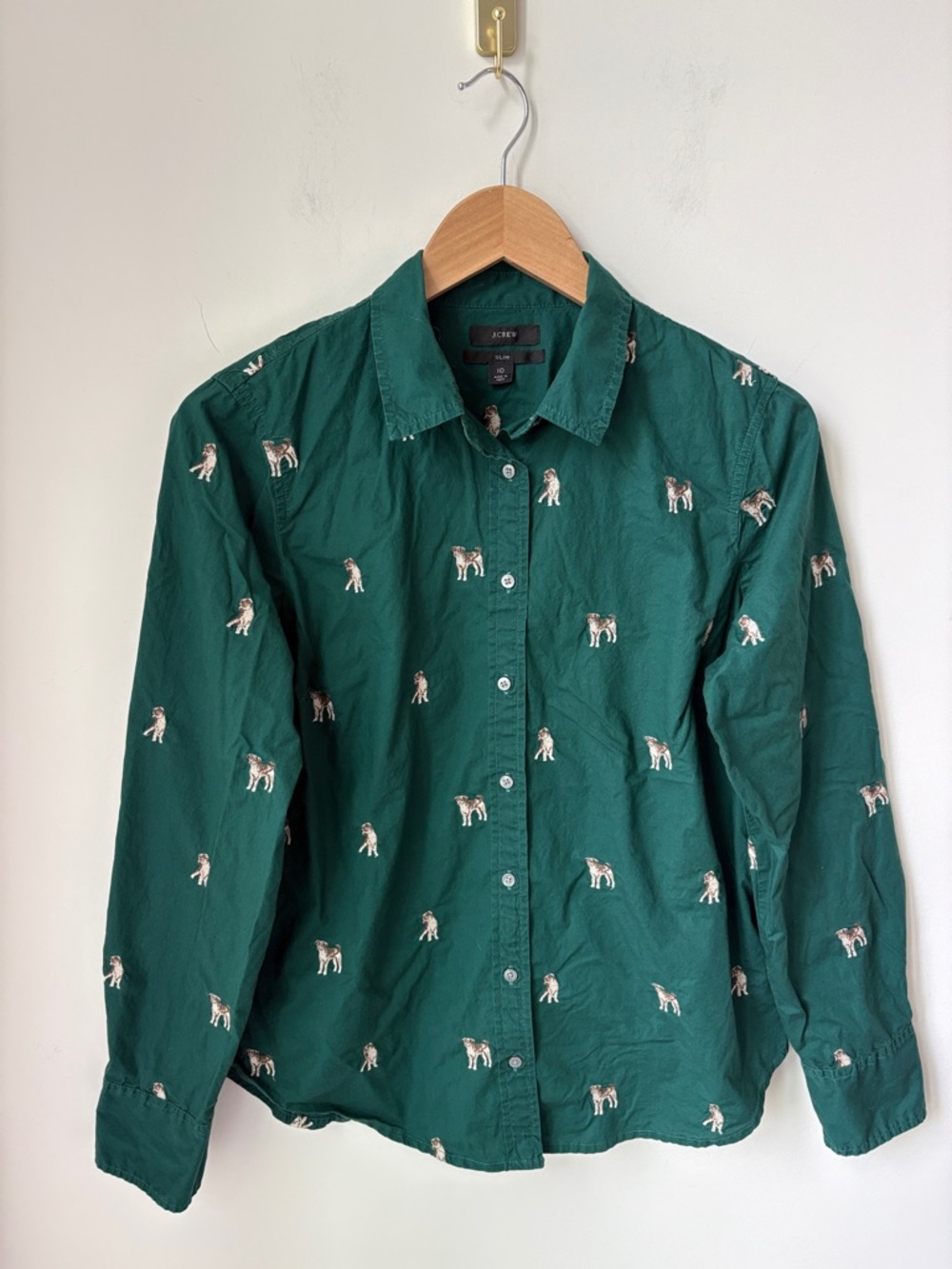 J. Crew Slim Perfect Shirt with Dog Embroidery in Green Button Front Size 10